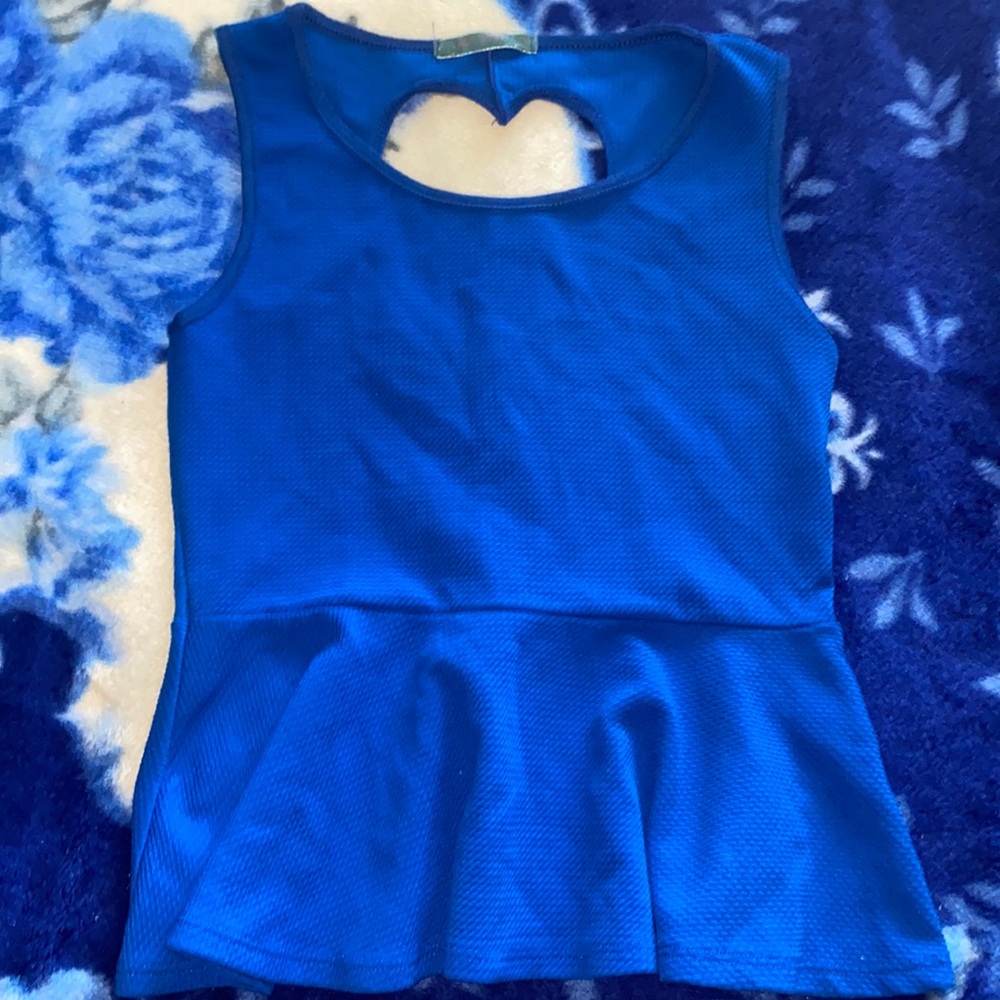 Blue Blouse with Bottoms Flared!Heart Shaped Open On Back!
